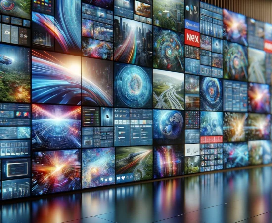 DALL·E 2024-05-27 08.56.53 - A close-up view of a variety of digital media screens arranged in a seamless video wall. The screens display a range of dynamic content including colo
